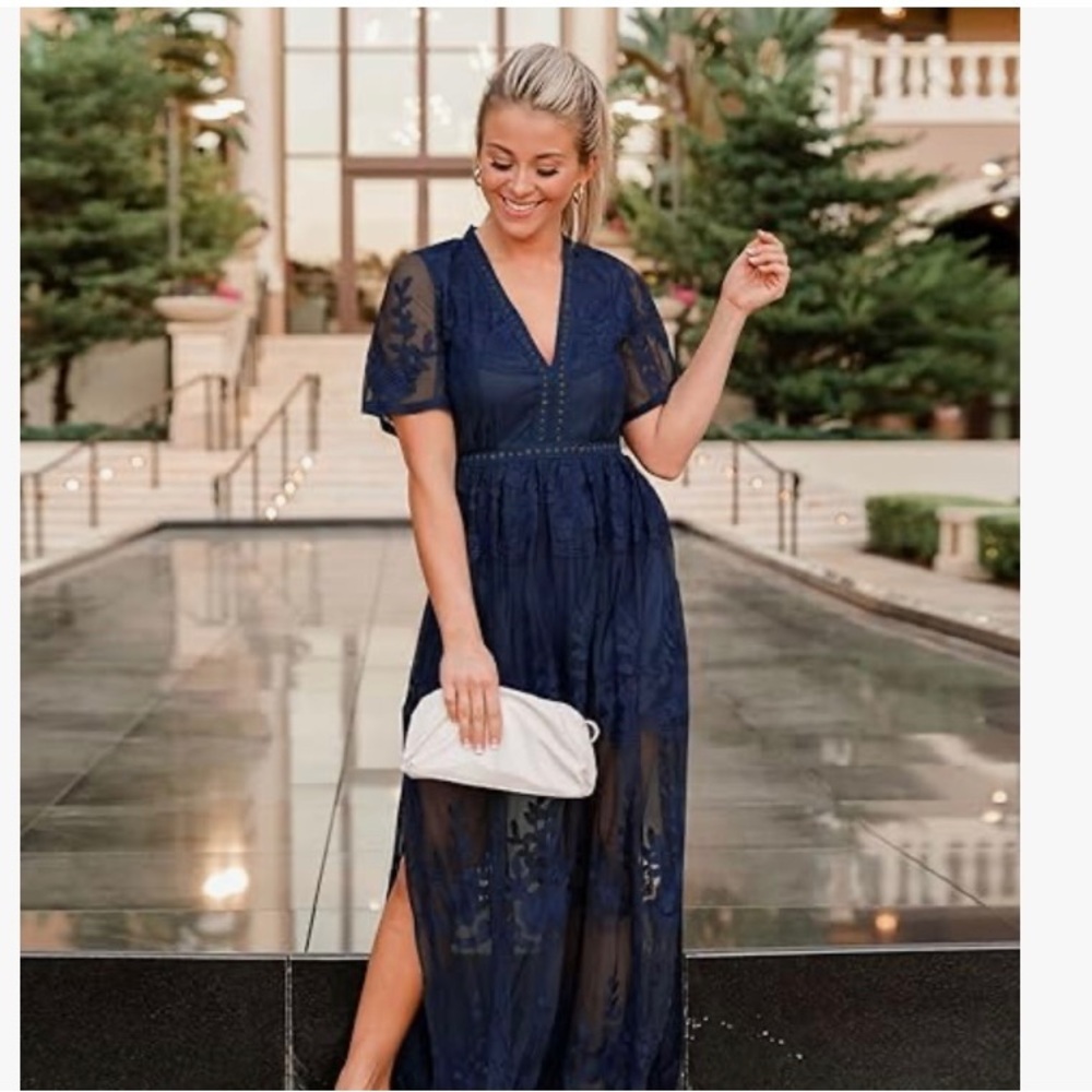 Women’s Navy Blue Neck floral lace dress